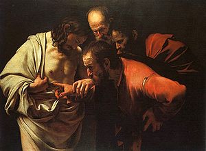 Thomas putting finger in Jesus side by Caravaggio